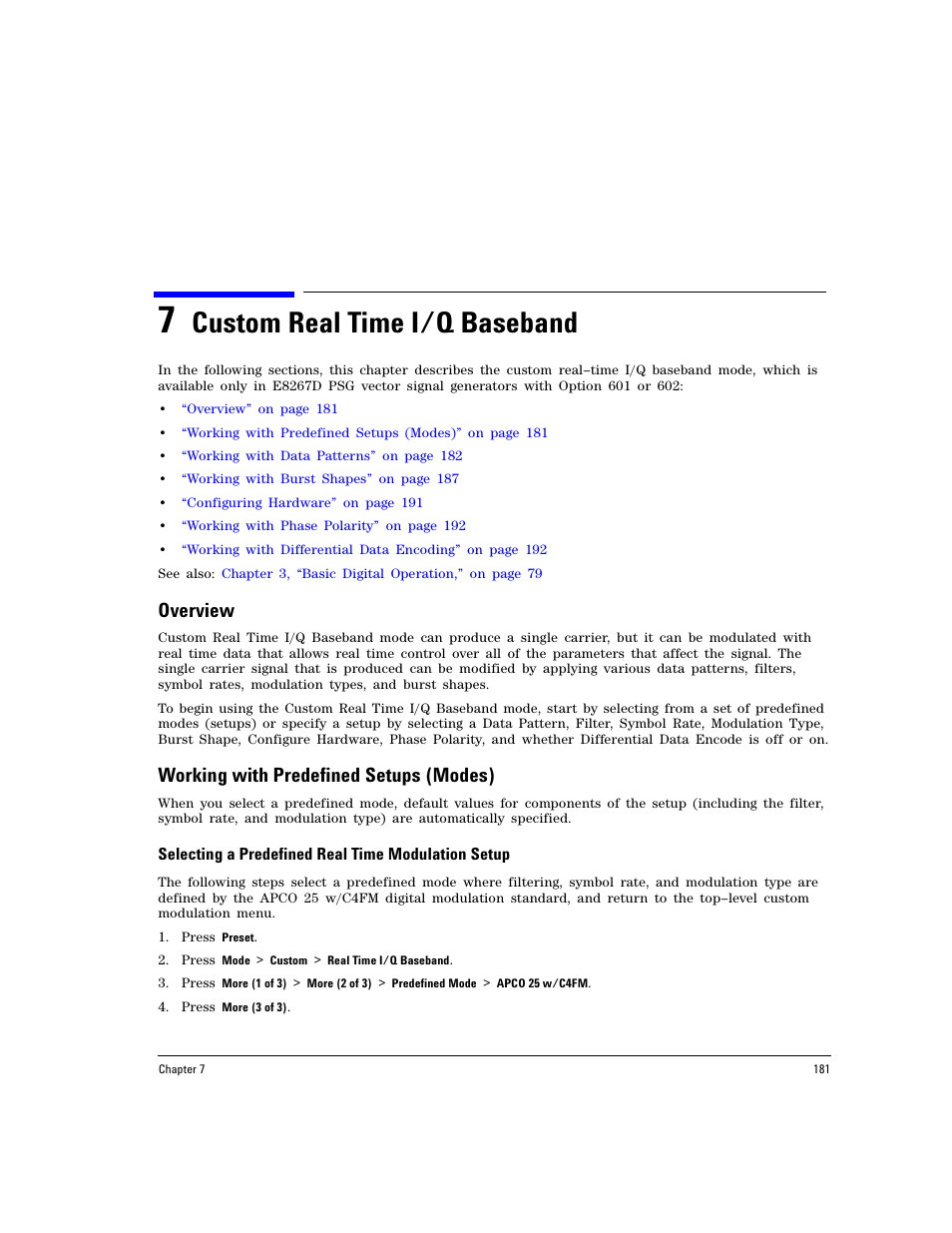 7 custom real time i/q baseband, Overview, Working with predefined setups (modes) | Selecting a predefined real time modulation setup, Custom real time i/q baseband, Custom real time i/q | Agilent Technologies E8267D PSG User Manual | Page 195 / 318