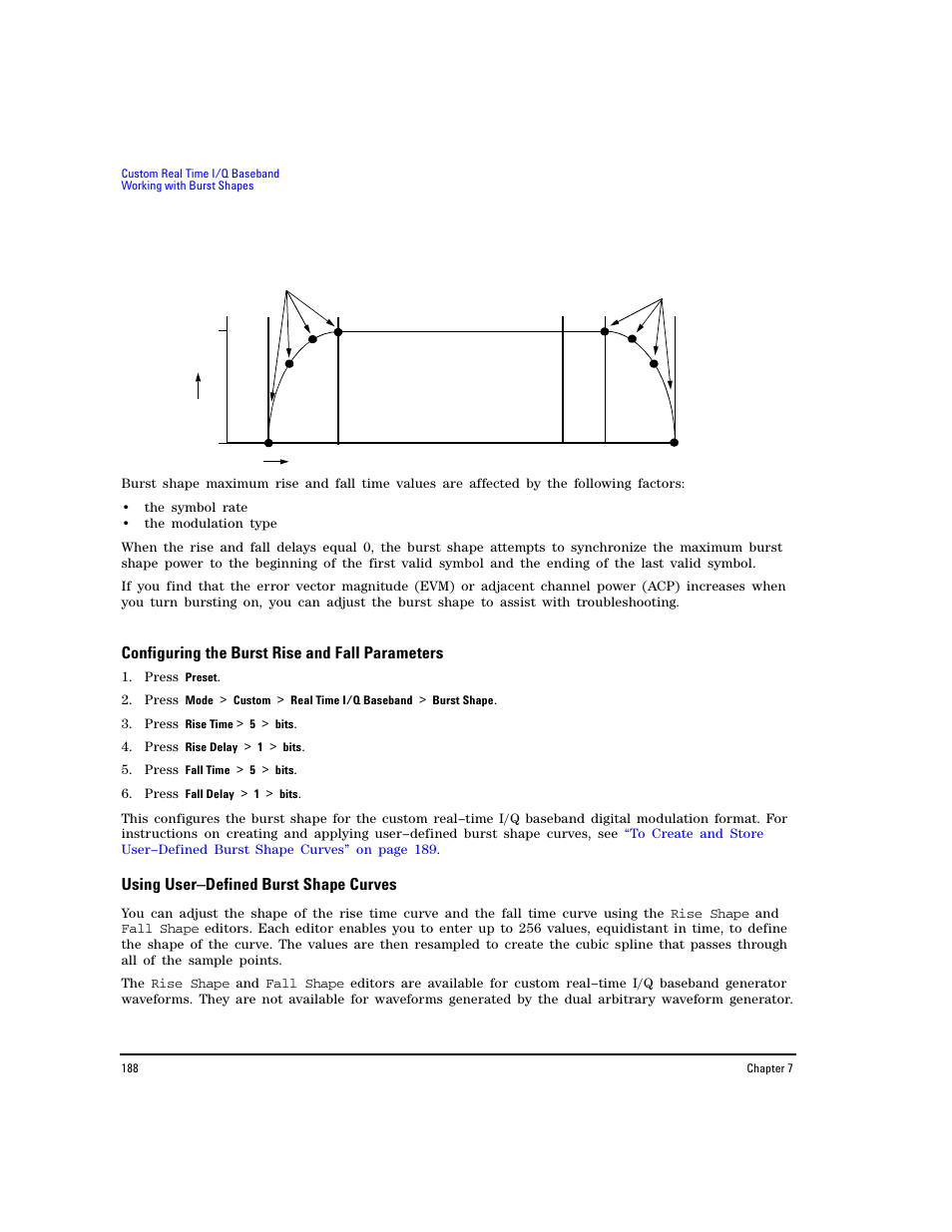 Configuring the burst rise and fall parameters, Using user–defined burst shape curves | Agilent Technologies E8267D PSG User Manual | Page 202 / 318