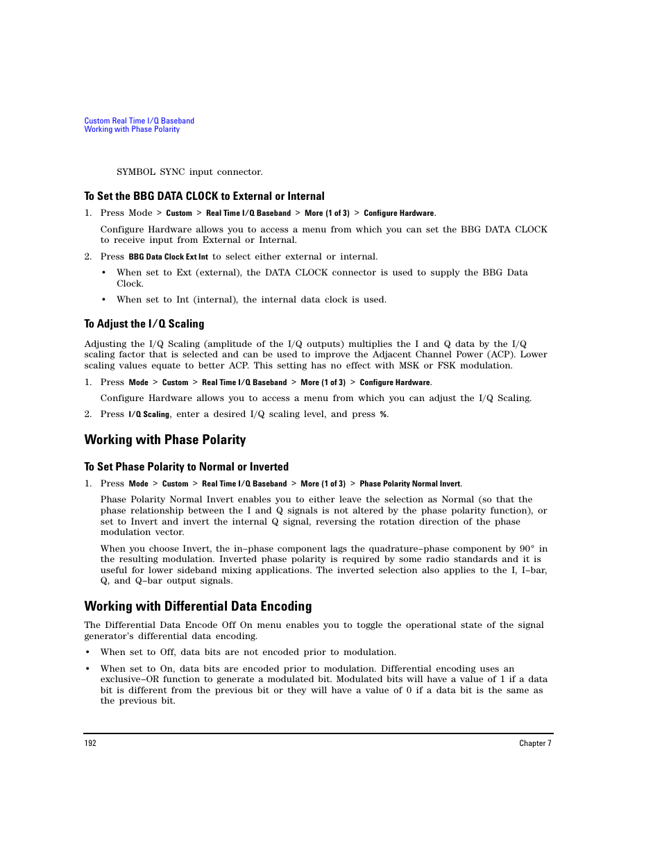 To set the bbg data clock to external or internal, To adjust the i/q scaling, Working with phase polarity | To set phase polarity to normal or inverted, Working with differential data encoding | Agilent Technologies E8267D PSG User Manual | Page 206 / 318