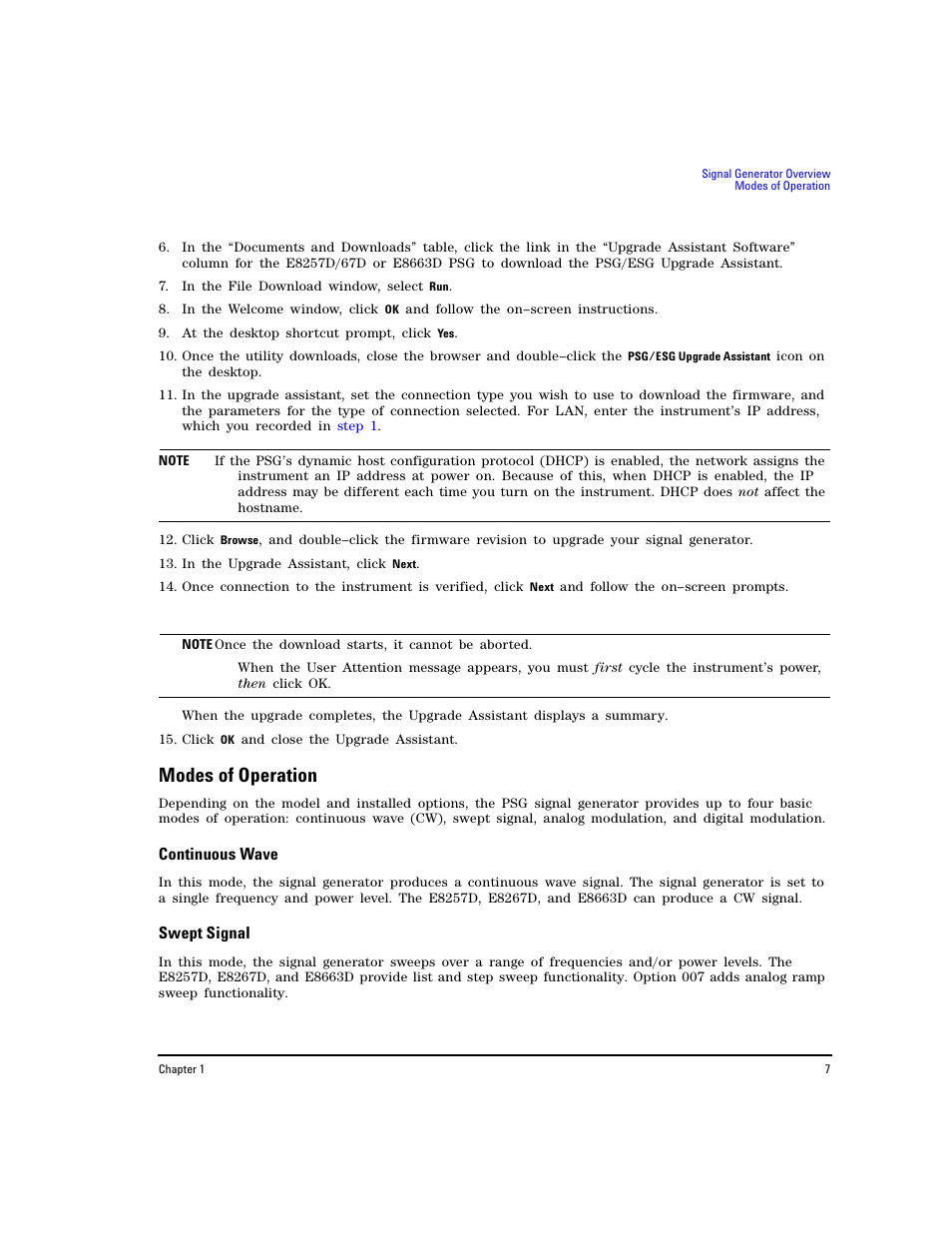 Modes of operation, Continuous wave, Swept signal | Agilent Technologies E8267D PSG User Manual | Page 21 / 318