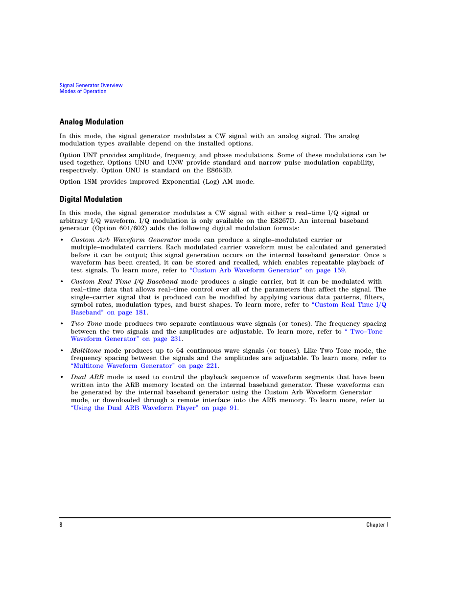 Analog modulation, Digital modulation | Agilent Technologies E8267D PSG User Manual | Page 22 / 318