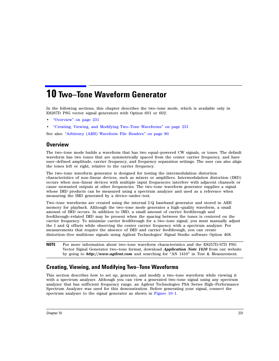 10 two–tone waveform generator, Overview, Two–tone waveform generator | Two–tone | Agilent Technologies E8267D PSG User Manual | Page 245 / 318