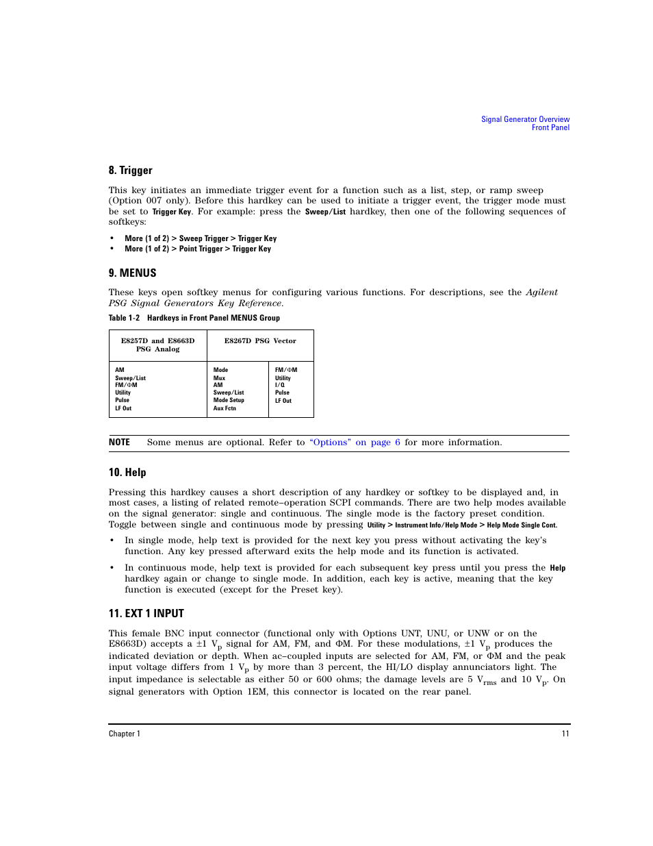 Trigger, Menus, Help | Ext 1 input | Agilent Technologies E8267D PSG User Manual | Page 25 / 318
