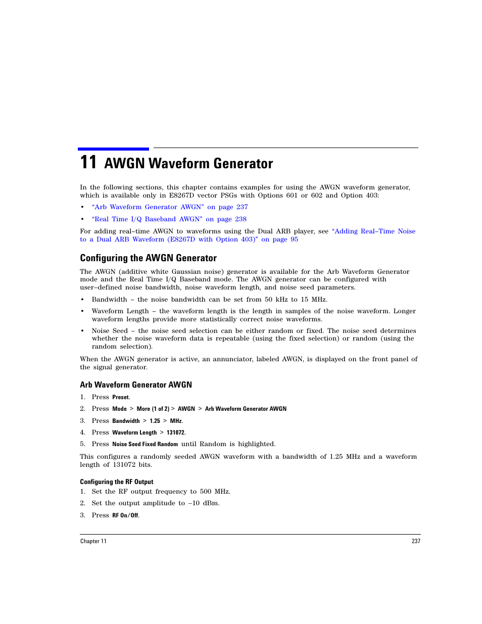 11 awgn waveform generator, Configuring the awgn generator, Arb waveform generator awgn | Awgn waveform generator | Agilent Technologies E8267D PSG User Manual | Page 251 / 318