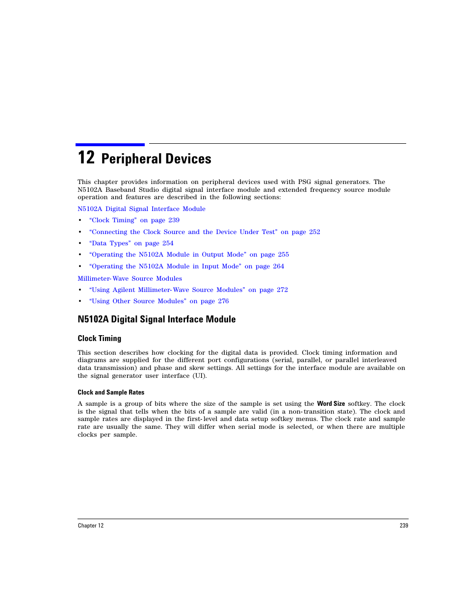 12 peripheral devices, N5102a digital signal interface module, Clock timing | Peripheral devices | Agilent Technologies E8267D PSG User Manual | Page 253 / 318