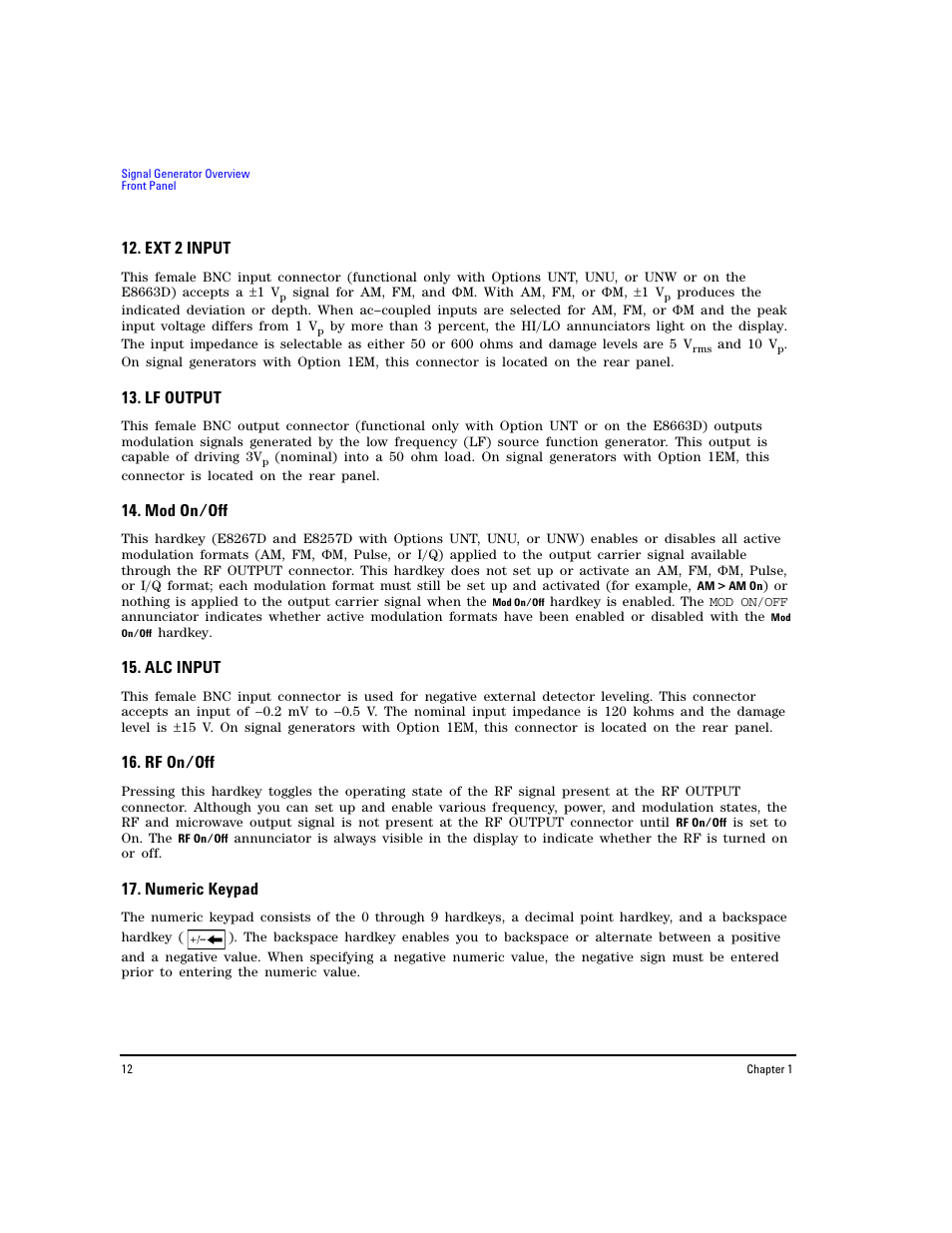 Ext 2 input, Lf output, Mod on/off | Alc input, Rf on/off, Numeric keypad | Agilent Technologies E8267D PSG User Manual | Page 26 / 318