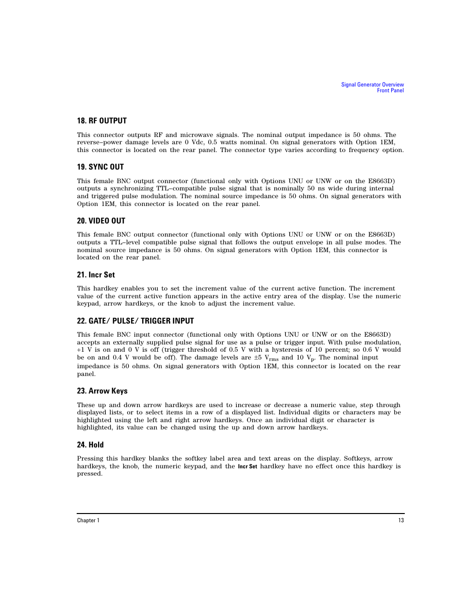 Rf output, Sync out, Video out | Incr set, Gate/ pulse/ trigger input, Arrow keys, Hold | Agilent Technologies E8267D PSG User Manual | Page 27 / 318