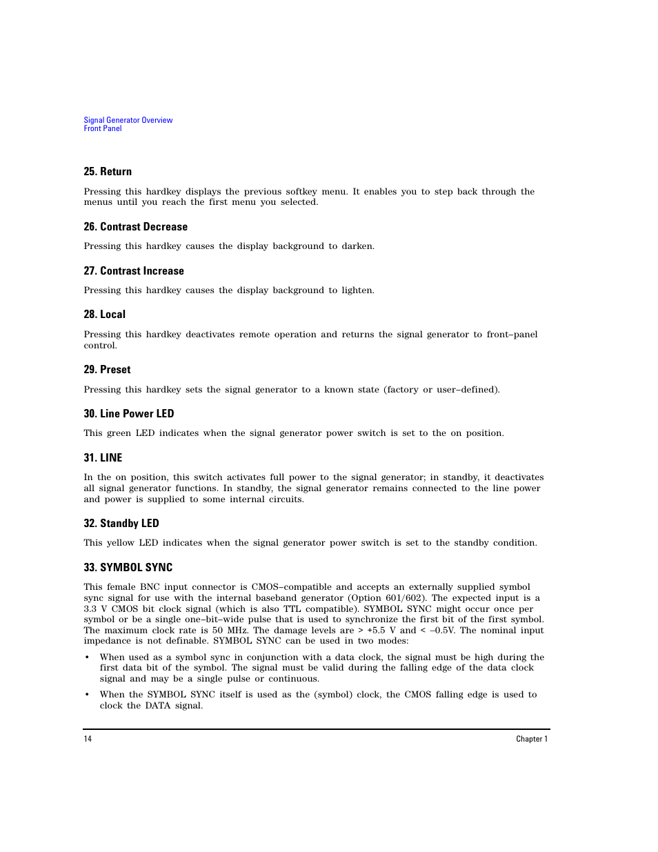 Return, Contrast decrease, Contrast increase | Local, Preset, Line power led, Line, Standby led, Symbol sync | Agilent Technologies E8267D PSG User Manual | Page 28 / 318