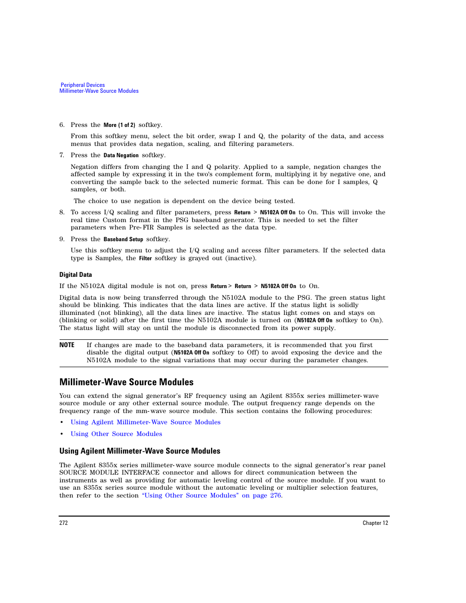 Millimeter-wave source modules, Using agilent millimeter-wave source modules, Using agilent millimeter- wave source | Millimeter- wave source modules | Agilent Technologies E8267D PSG User Manual | Page 286 / 318