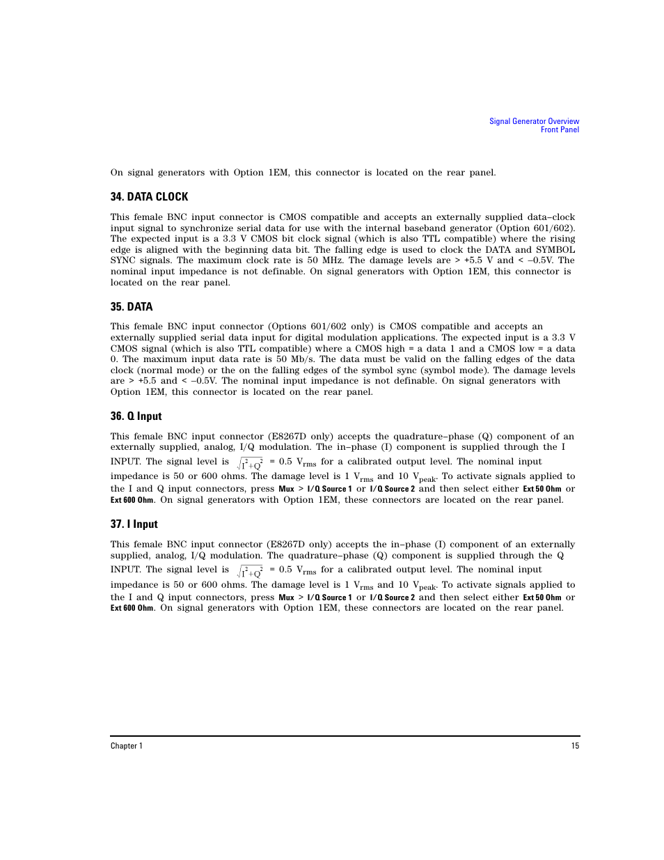 Data clock, Data, Q input | I input | Agilent Technologies E8267D PSG User Manual | Page 29 / 318