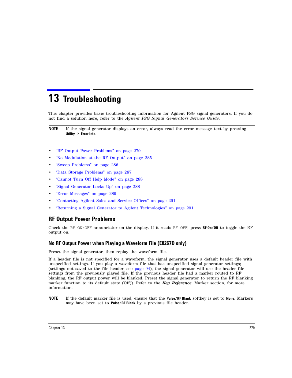 13 troubleshooting, Rf output power problems, Troubleshooting | Agilent Technologies E8267D PSG User Manual | Page 293 / 318