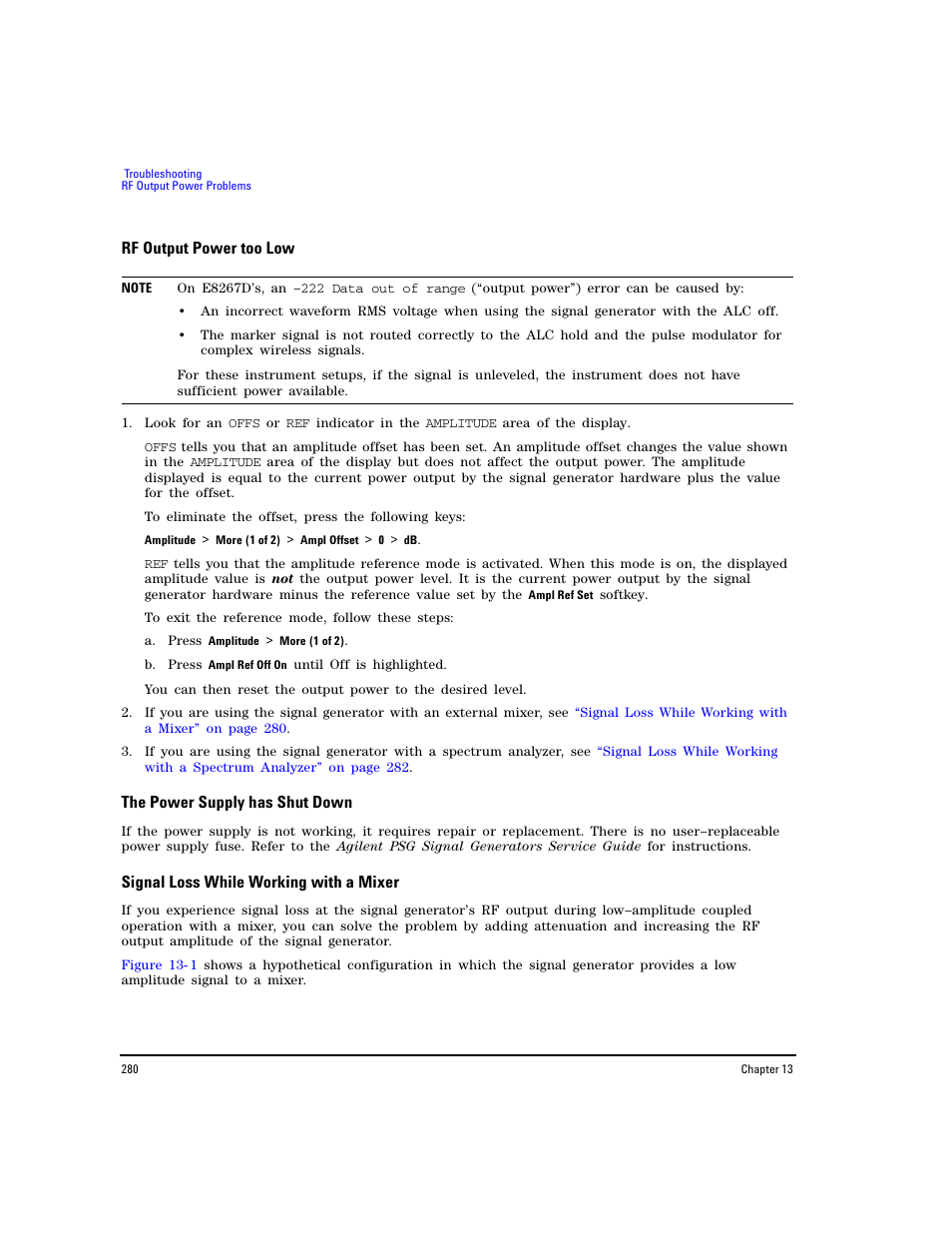 Rf output power too low, The power supply has shut down, Signal loss while working with a mixer | Agilent Technologies E8267D PSG User Manual | Page 294 / 318