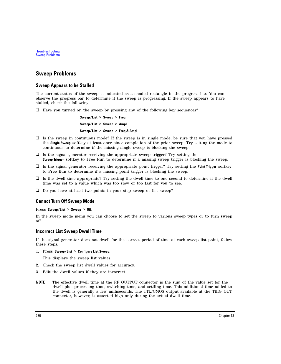 Sweep problems, Sweep appears to be stalled, Cannot turn off sweep mode | Incorrect list sweep dwell time | Agilent Technologies E8267D PSG User Manual | Page 300 / 318