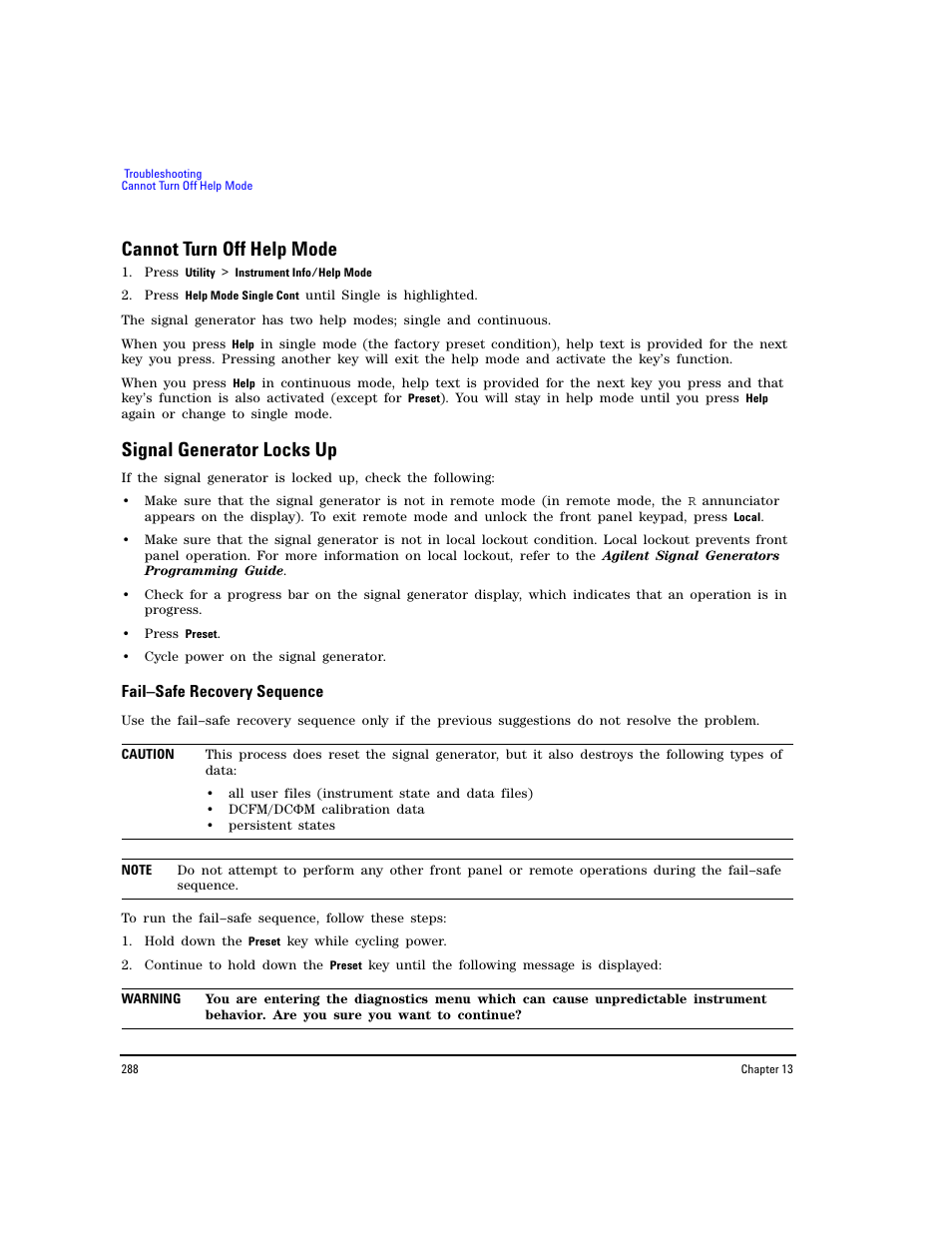 Cannot turn off help mode, Signal generator locks up, Fail–safe recovery sequence | Agilent Technologies E8267D PSG User Manual | Page 302 / 318