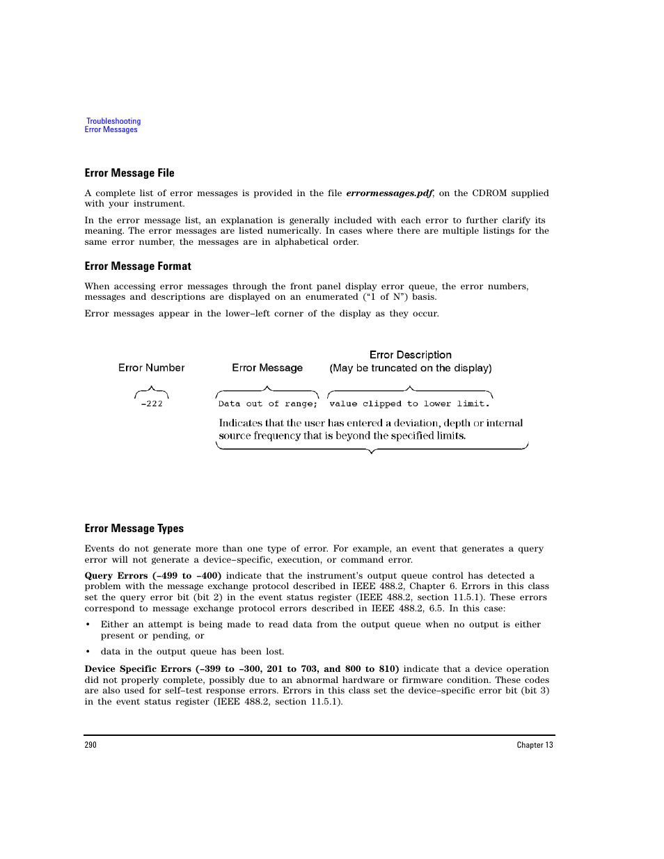 Error message file, Error message format, Error message types | Agilent Technologies E8267D PSG User Manual | Page 304 / 318