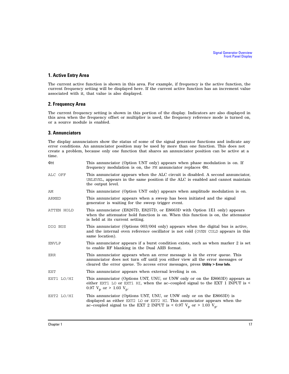 Active entry area, Frequency area, Annunciators | Agilent Technologies E8267D PSG User Manual | Page 31 / 318