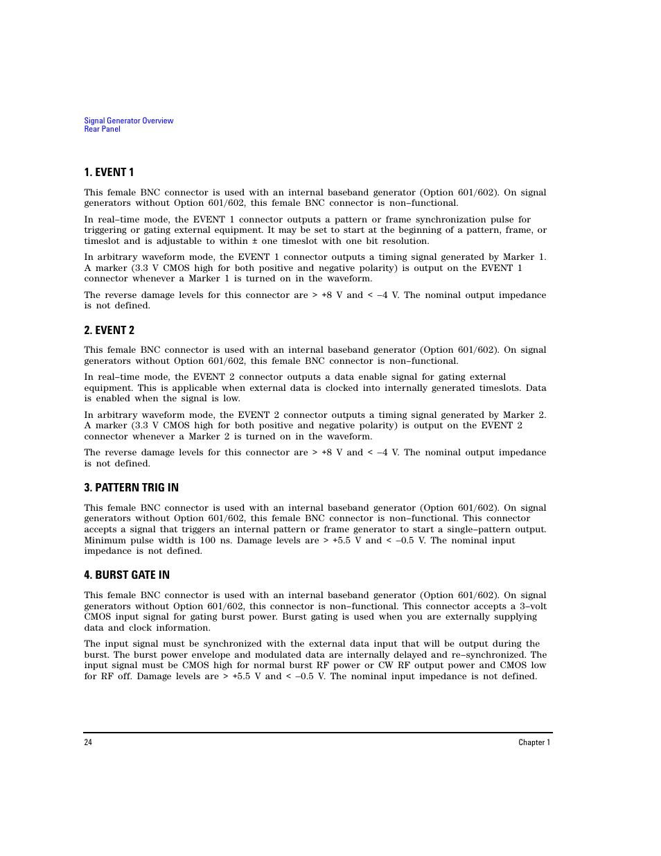 Event 1, Event 2, Pattern trig in | Burst gate in | Agilent Technologies E8267D PSG User Manual | Page 38 / 318