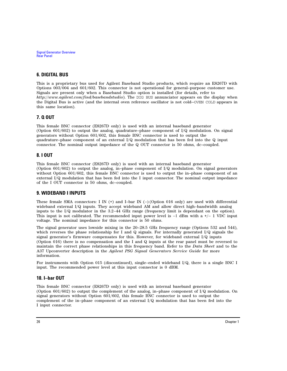 Digital bus, Q out, I out | Wideband i inputs, I–bar out | Agilent Technologies E8267D PSG User Manual | Page 40 / 318