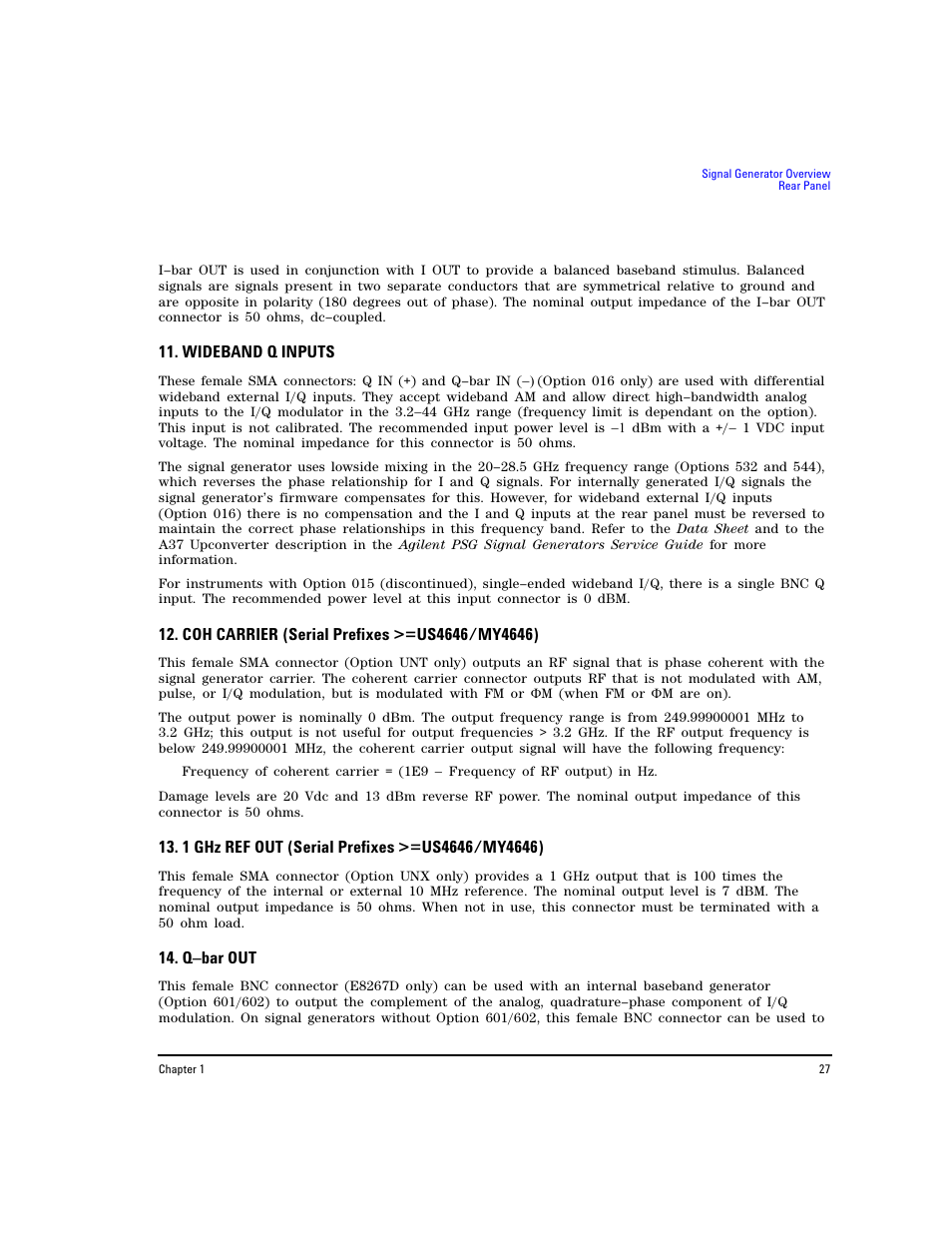 Wideband q inputs, Coh carrier (serial prefixes >=us4646/my4646), 1 ghz ref out (serial prefixes >=us4646/my4646) | Q–bar out | Agilent Technologies E8267D PSG User Manual | Page 41 / 318