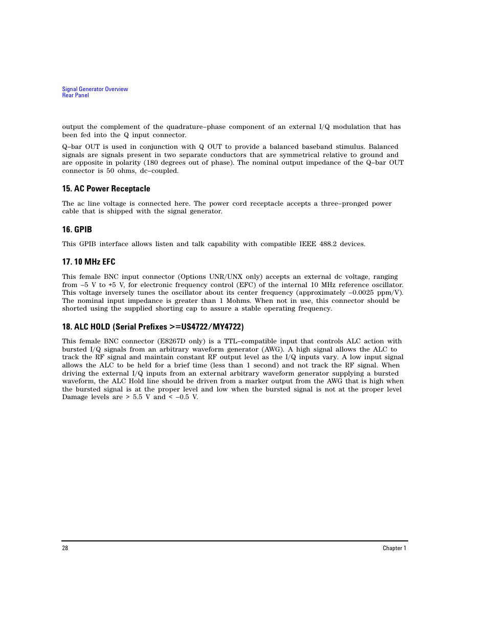 Ac power receptacle, Gpib, 10 mhz efc | Alc hold (serial prefixes >=us4722/my4722) | Agilent Technologies E8267D PSG User Manual | Page 42 / 318