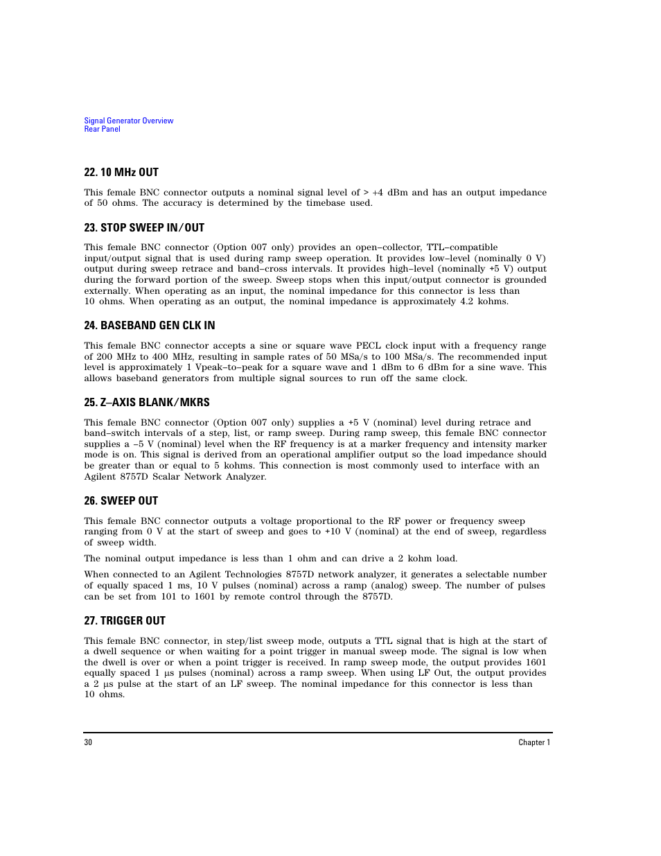 10 mhz out, Stop sweep in/out, Baseband gen clk in | Z–axis blank/mkrs, Sweep out, Trigger out | Agilent Technologies E8267D PSG User Manual | Page 44 / 318