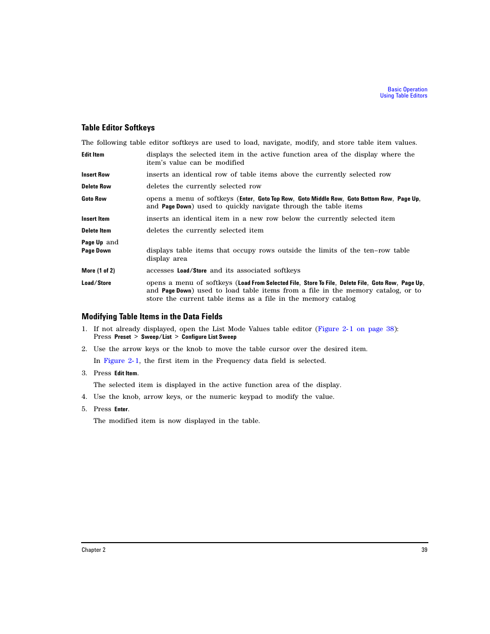 Table editor softkeys, Modifying table items in the data fields | Agilent Technologies E8267D PSG User Manual | Page 53 / 318