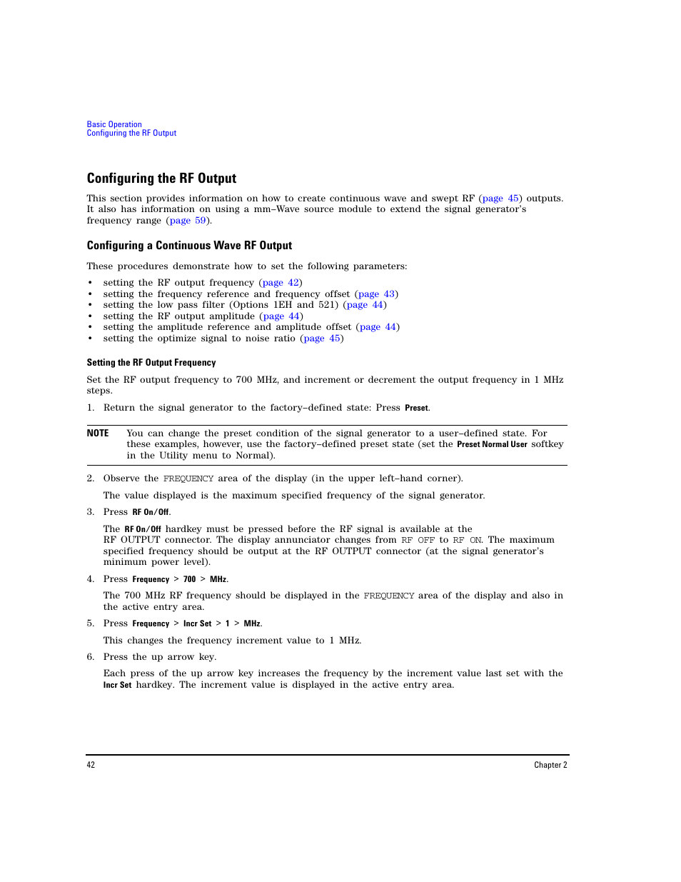 Configuring the rf output, Configuring a continuous wave rf output | Agilent Technologies E8267D PSG User Manual | Page 56 / 318