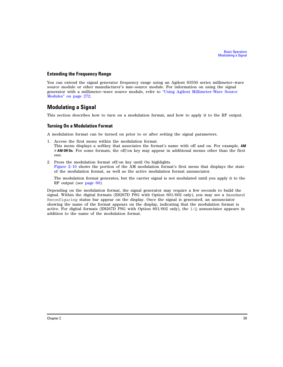 Extending the frequency range, Modulating a signal, Turning on a modulation format | Agilent Technologies E8267D PSG User Manual | Page 73 / 318
