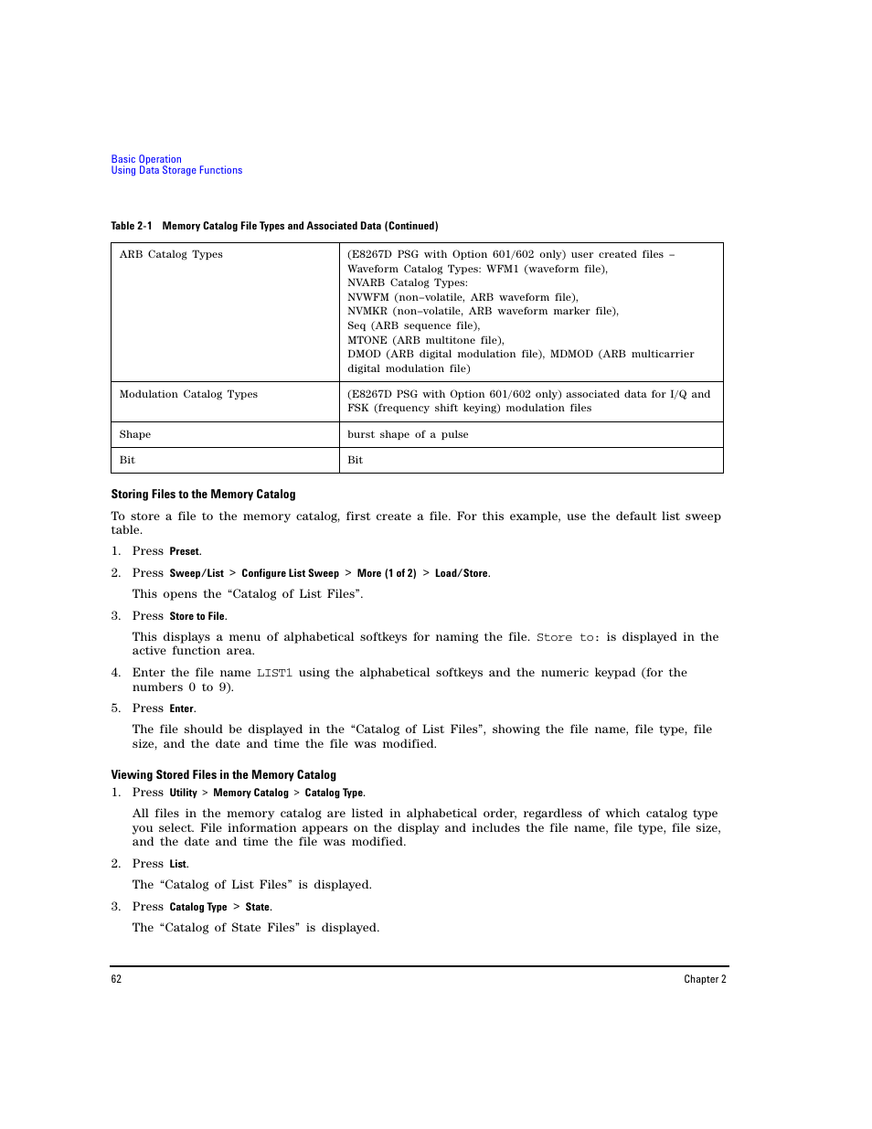 Storing files to the memory | Agilent Technologies E8267D PSG User Manual | Page 76 / 318