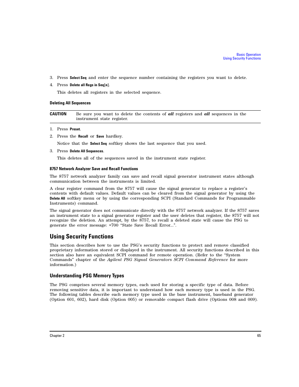 Using security functions, Understanding psg memory types | Agilent Technologies E8267D PSG User Manual | Page 79 / 318