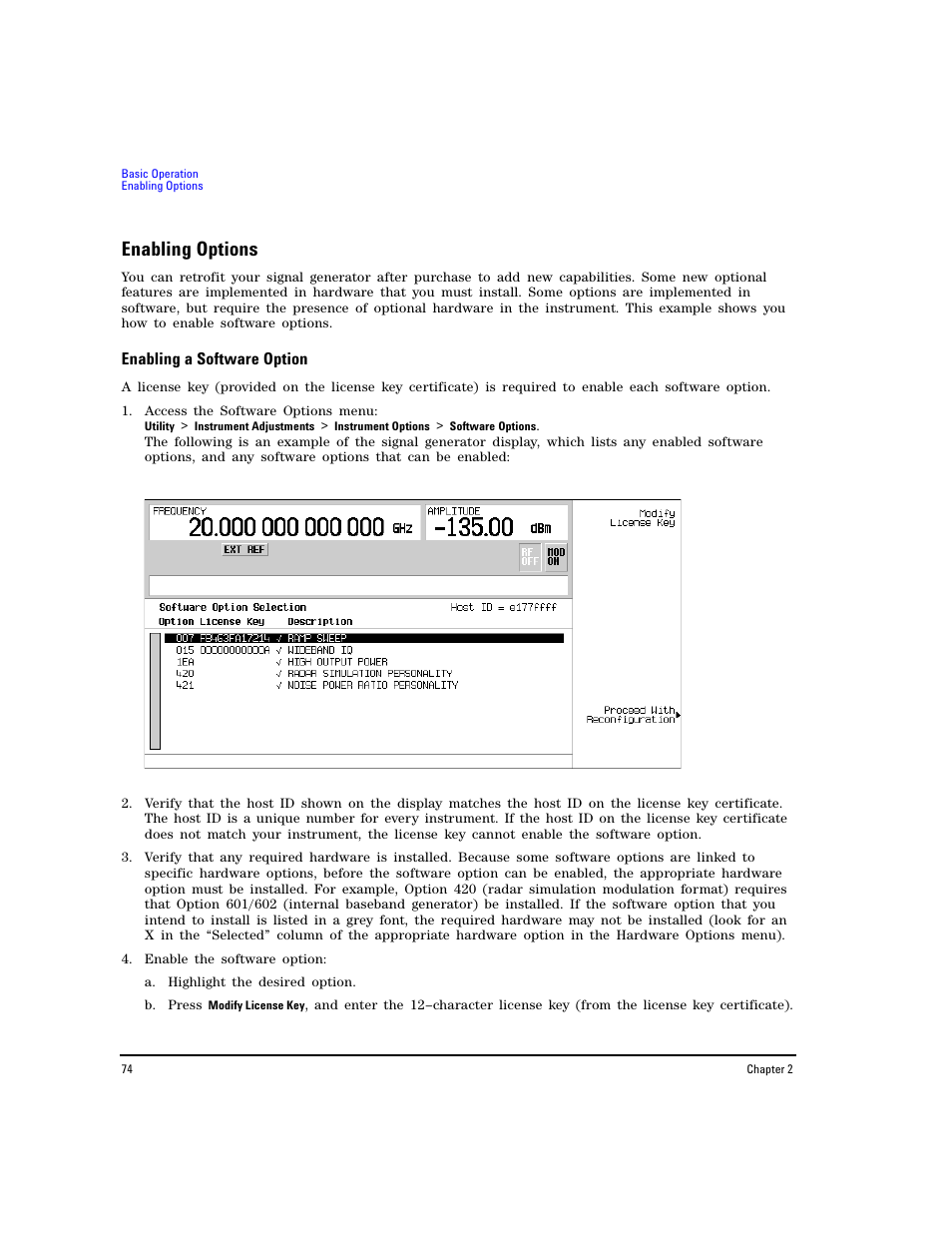 Enabling options, Enabling a software option | Agilent Technologies E8267D PSG User Manual | Page 88 / 318
