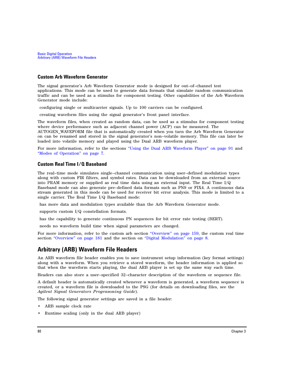 Custom arb waveform generator, Custom real time i/q baseband, Arbitrary (arb) waveform file headers | Agilent Technologies E8267D PSG User Manual | Page 94 / 318