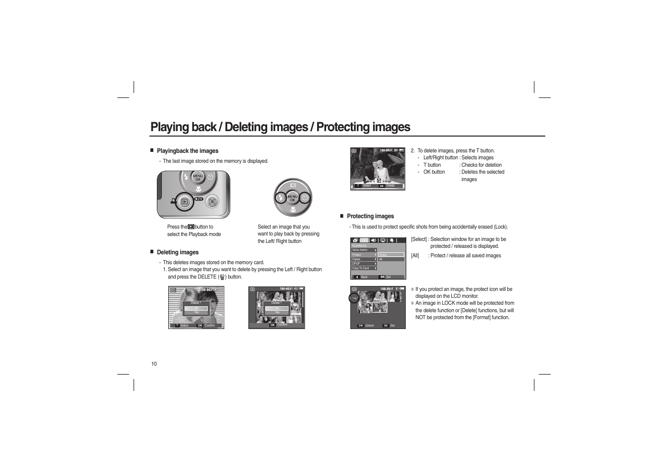 Playing back / deleting images / protecting images | Samsung M100 User Manual | Page 11 / 98