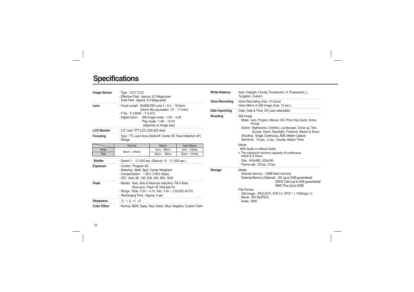Specifications | Samsung M100 User Manual | Page 13 / 98