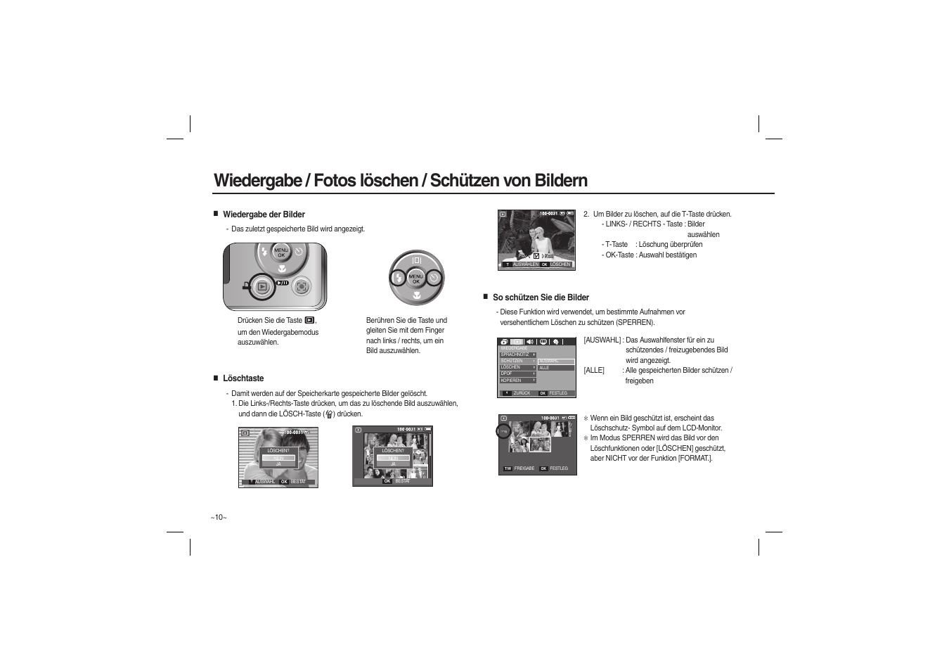 Wiedergabe / fotos löschen / schützen von bildern | Samsung M100 User Manual | Page 27 / 98