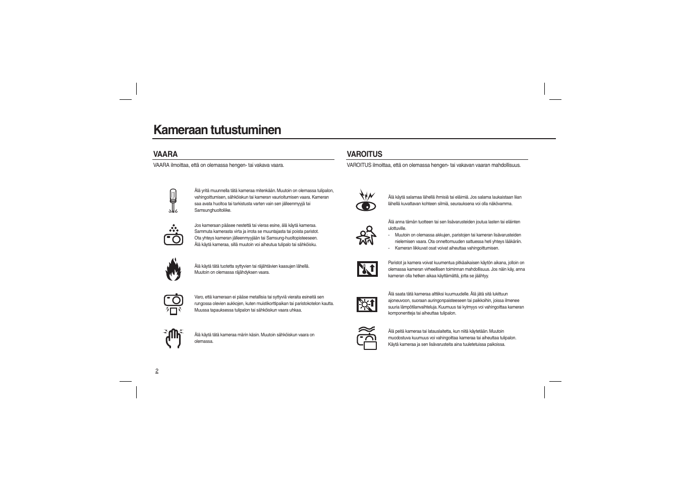 Kameraan tutustuminen, Vaara varoitus | Samsung M100 User Manual | Page 35 / 98
