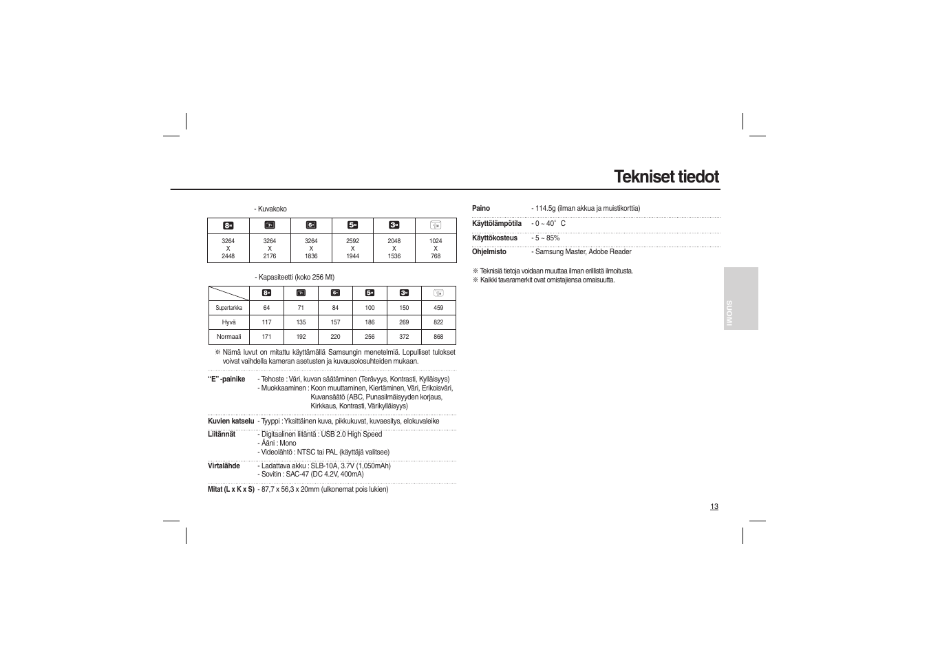 Tekniset tiedot | Samsung M100 User Manual | Page 46 / 98