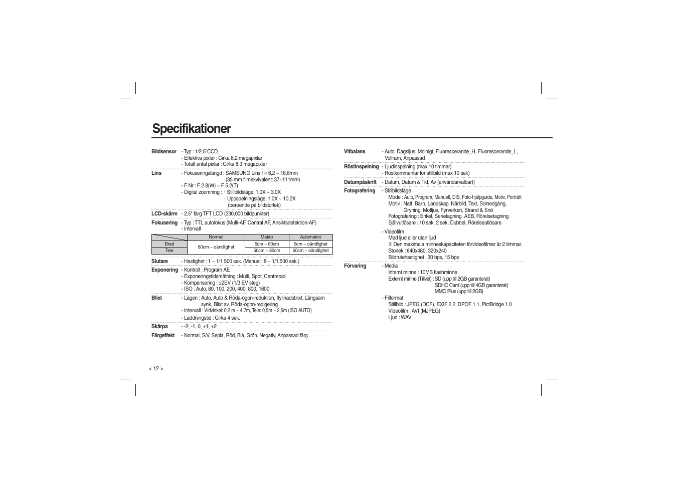 Specifikationer | Samsung M100 User Manual | Page 61 / 98