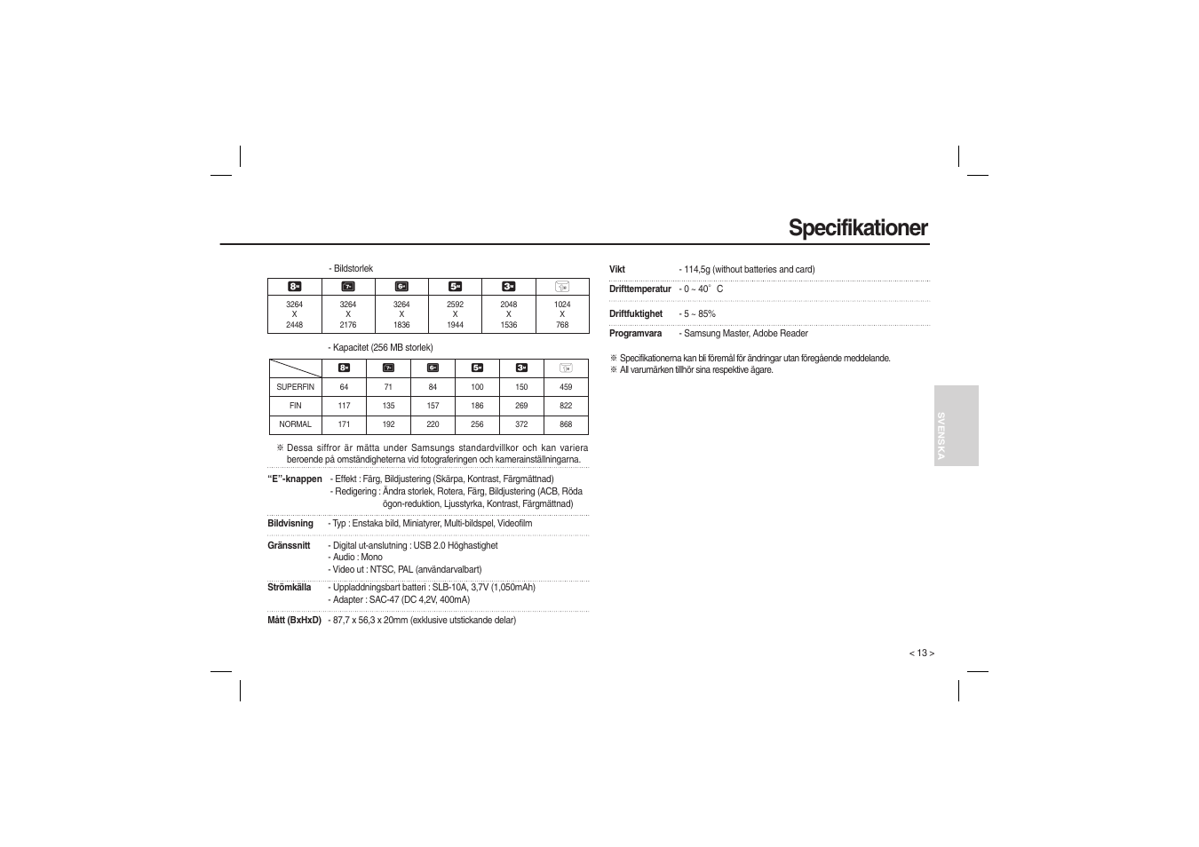 Specifikationer | Samsung M100 User Manual | Page 62 / 98