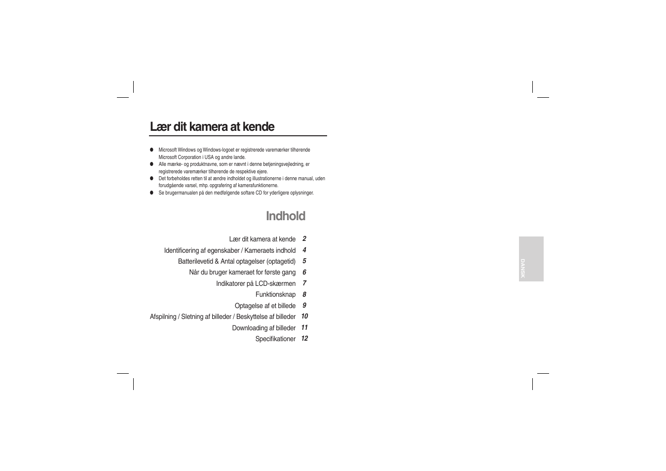 Lær dit kamera at kende, Indhold | Samsung M100 User Manual | Page 66 / 98