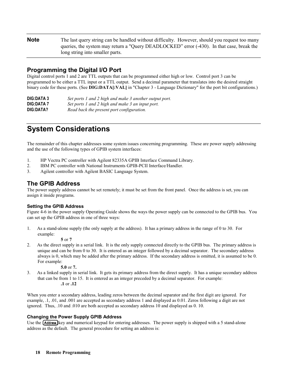 Programming the digital i/o port, System considerations, The gpib address | Agilent Technologies 664xA User Manual | Page 18 / 70