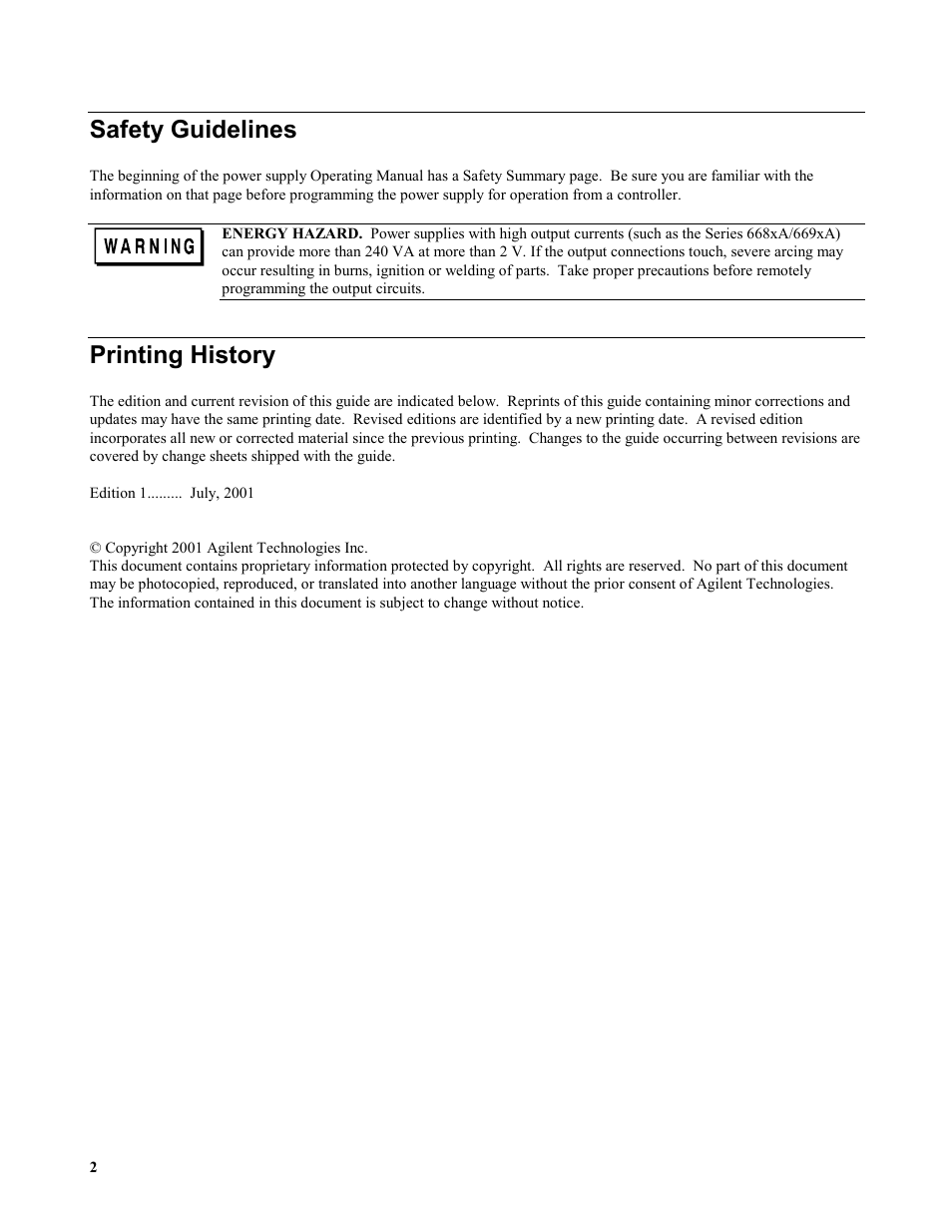Safety guidelines, Printing history | Agilent Technologies 664xA User Manual | Page 2 / 70