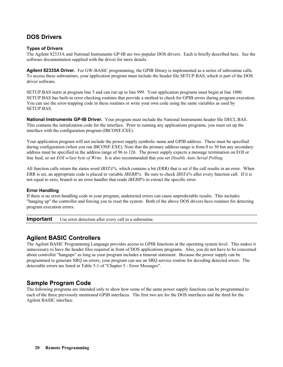 Dos drivers, Agilent basic controllers, Sample program code | Agilent Technologies 664xA User Manual | Page 20 / 70