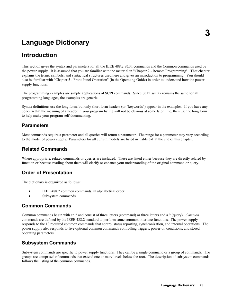 Language dictionary, Introduction, Parameters | Related commands, Order of presentation, Common commands, Subsystem commands | Agilent Technologies 664xA User Manual | Page 25 / 70