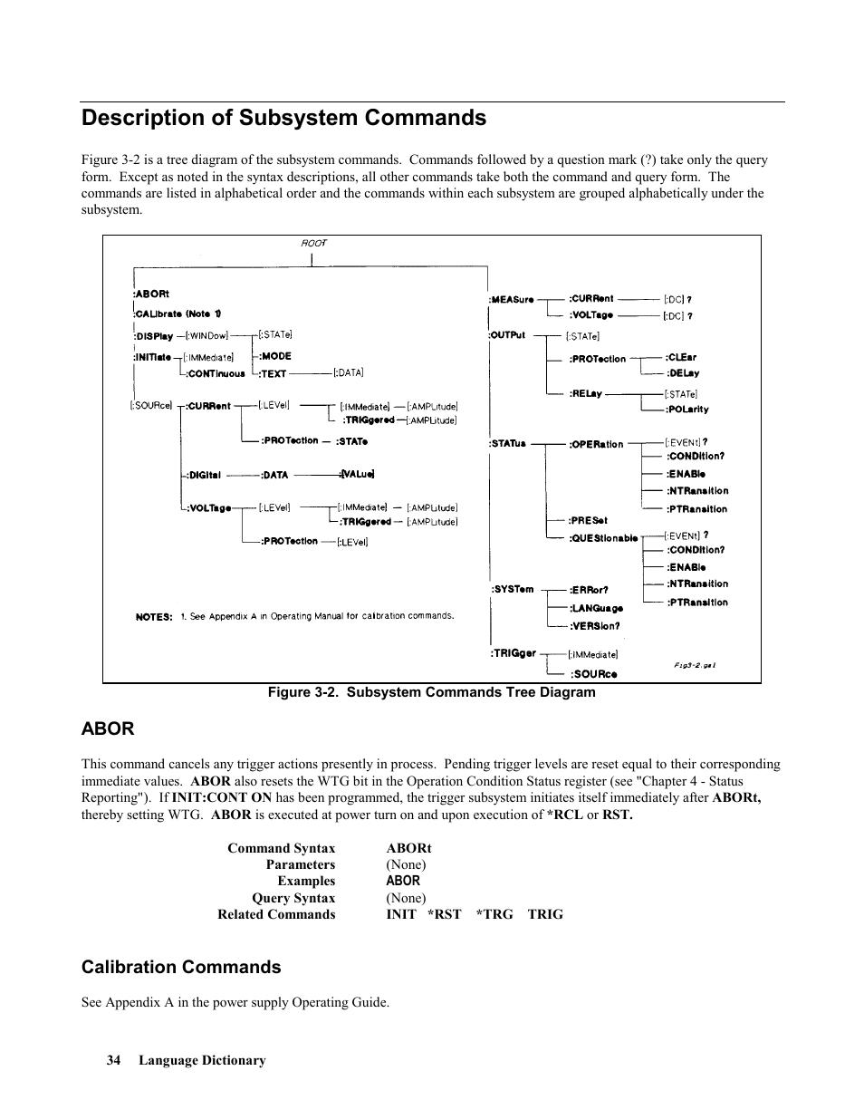 Description of subsystem commands, Abor, Calibration commands | Agilent Technologies 664xA User Manual | Page 34 / 70