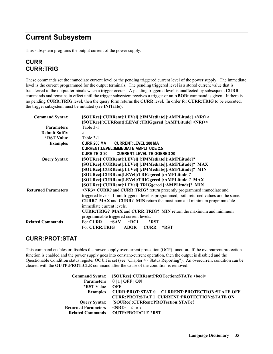 Current subsystem, Curr, Curr:trig | Curr:prot:stat, Curr curr:trig | Agilent Technologies 664xA User Manual | Page 35 / 70