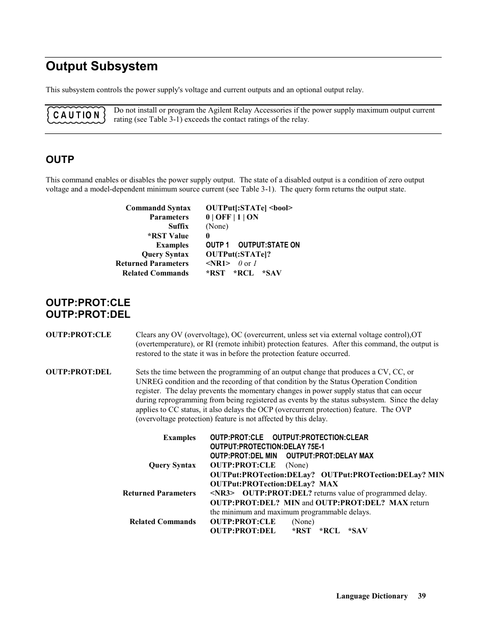 Output subsystem, Outp, Outp:prot:cle | Outp:prot:del, Outp:prot:cle outp:prot:del | Agilent Technologies 664xA User Manual | Page 39 / 70