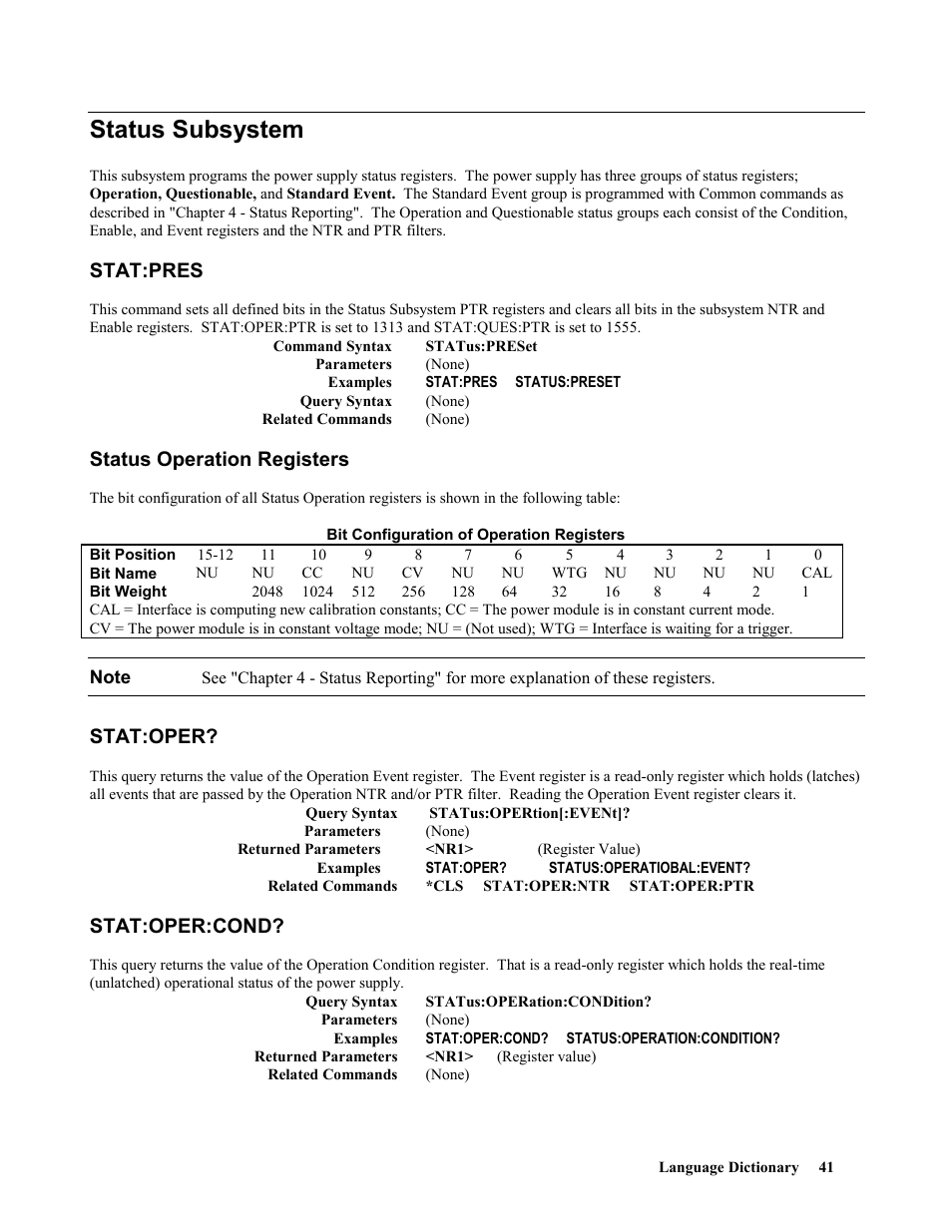 Status subsystem, Stat:pres, Status operation registers | Stat:oper, Stat:oper:cond | Agilent Technologies 664xA User Manual | Page 41 / 70