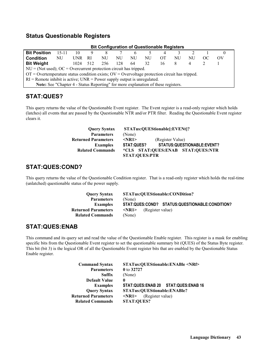 Status questionable registers, Stat:ques, Stat:ques:cond | Stat:ques:enab, Stat:oues | Agilent Technologies 664xA User Manual | Page 43 / 70
