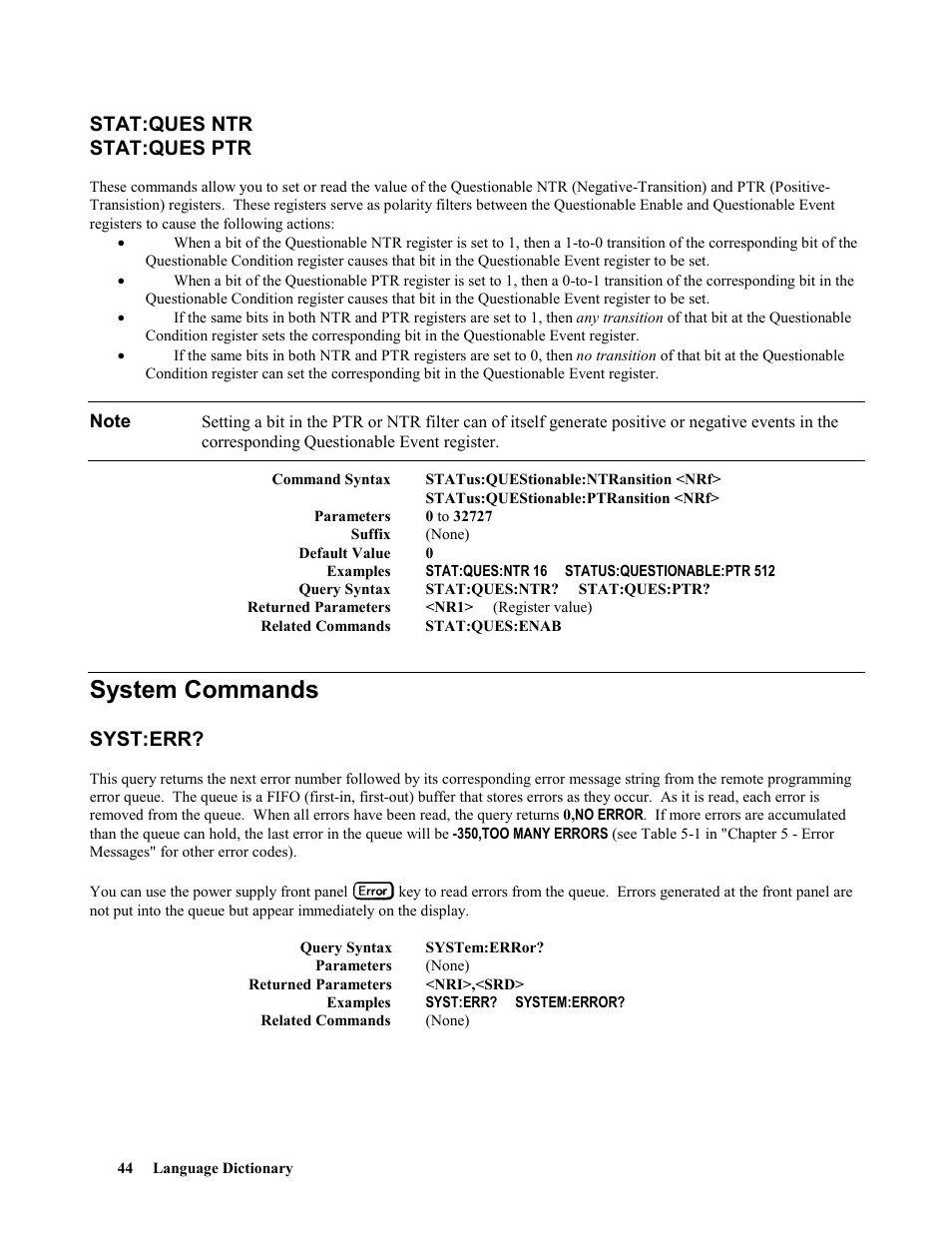 Stat:ques ntr, Stat:ques ptr, System commands | Syst:err, Stat:ques ntr stat:ques ptr | Agilent Technologies 664xA User Manual | Page 44 / 70